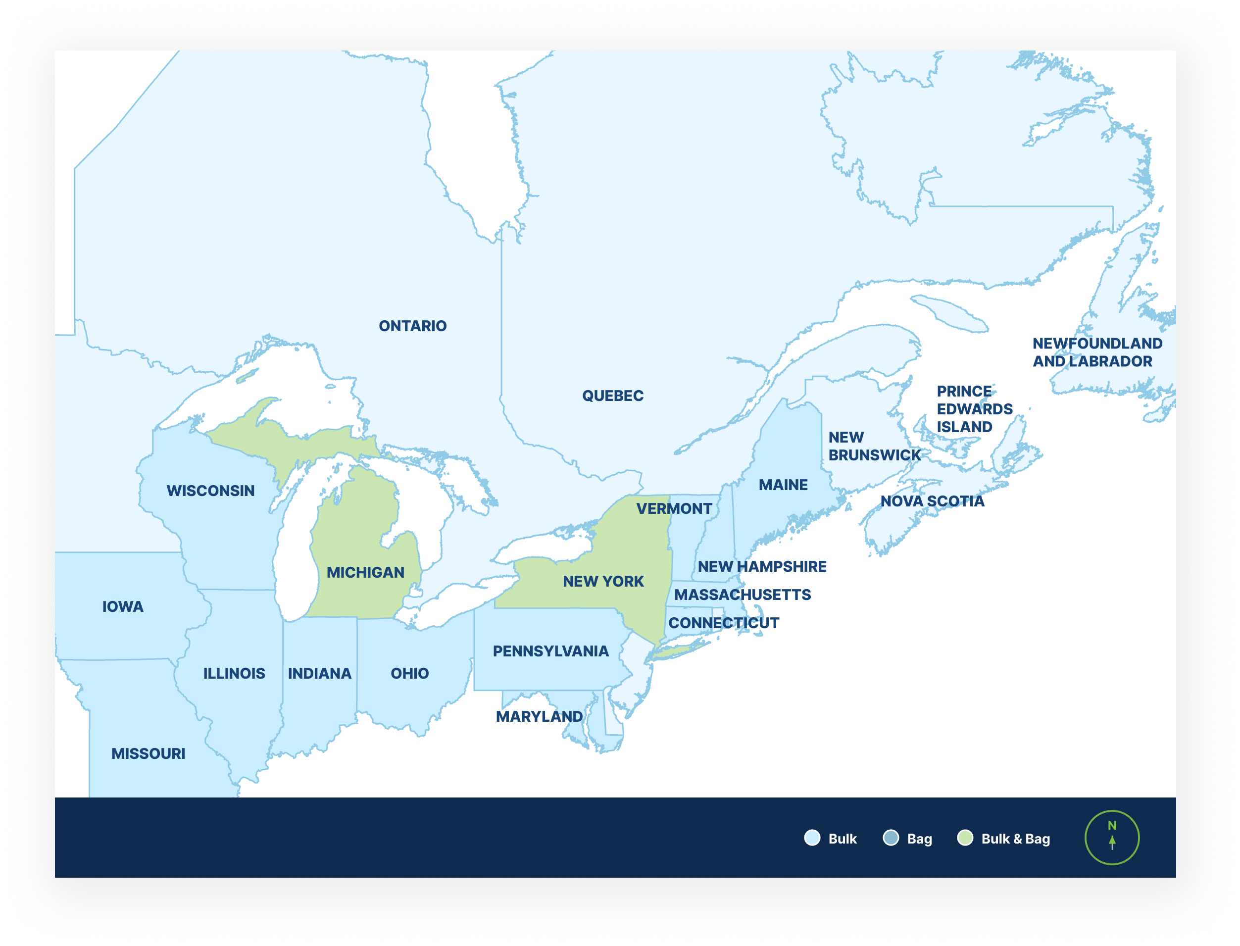 Type 1L Cement - availability map showing bulk across the US Midwest and Northeast, bags in Michigan and New York