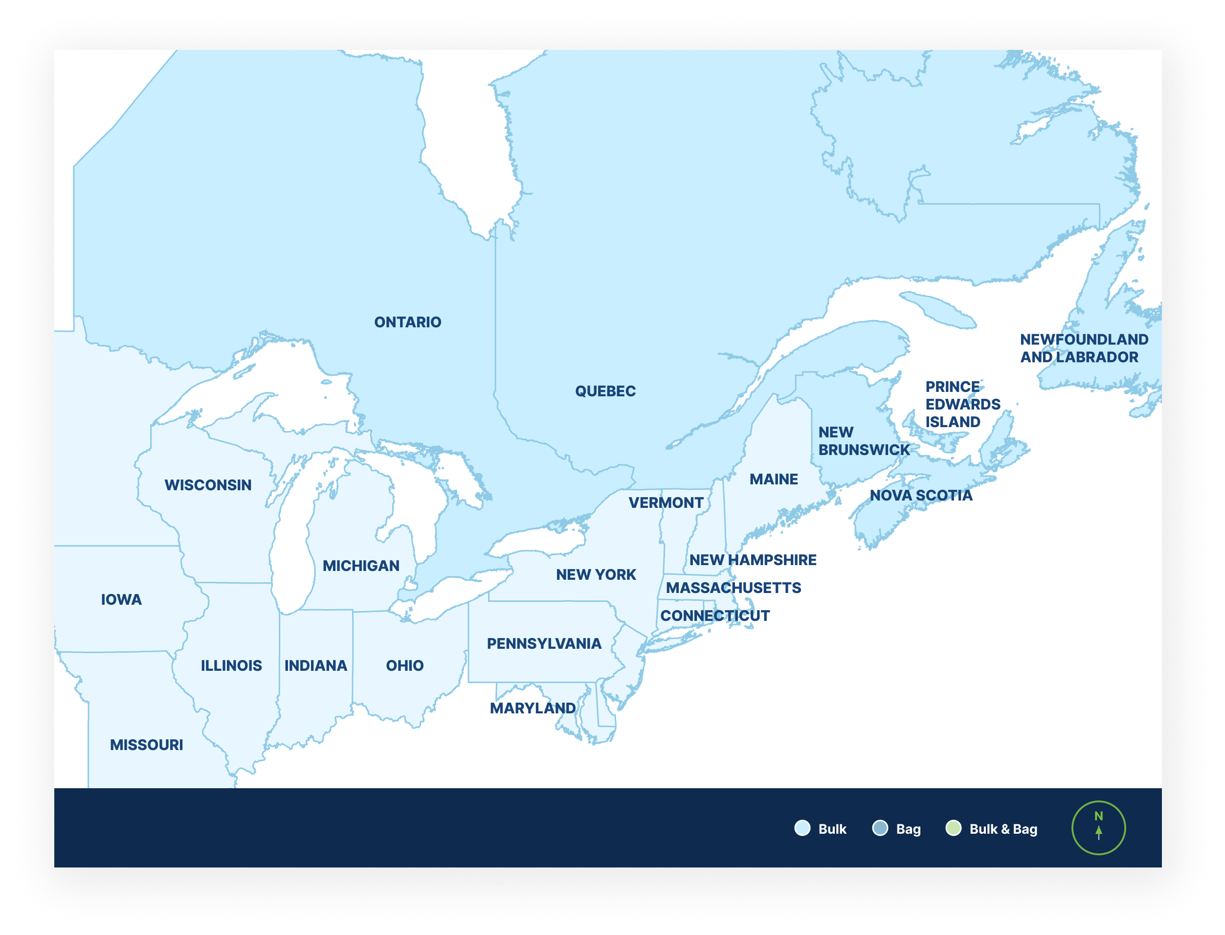 Type GUL Portland Limestone Cement - availability map showing bulk in Ontario, Quebec and Atlantic Canada