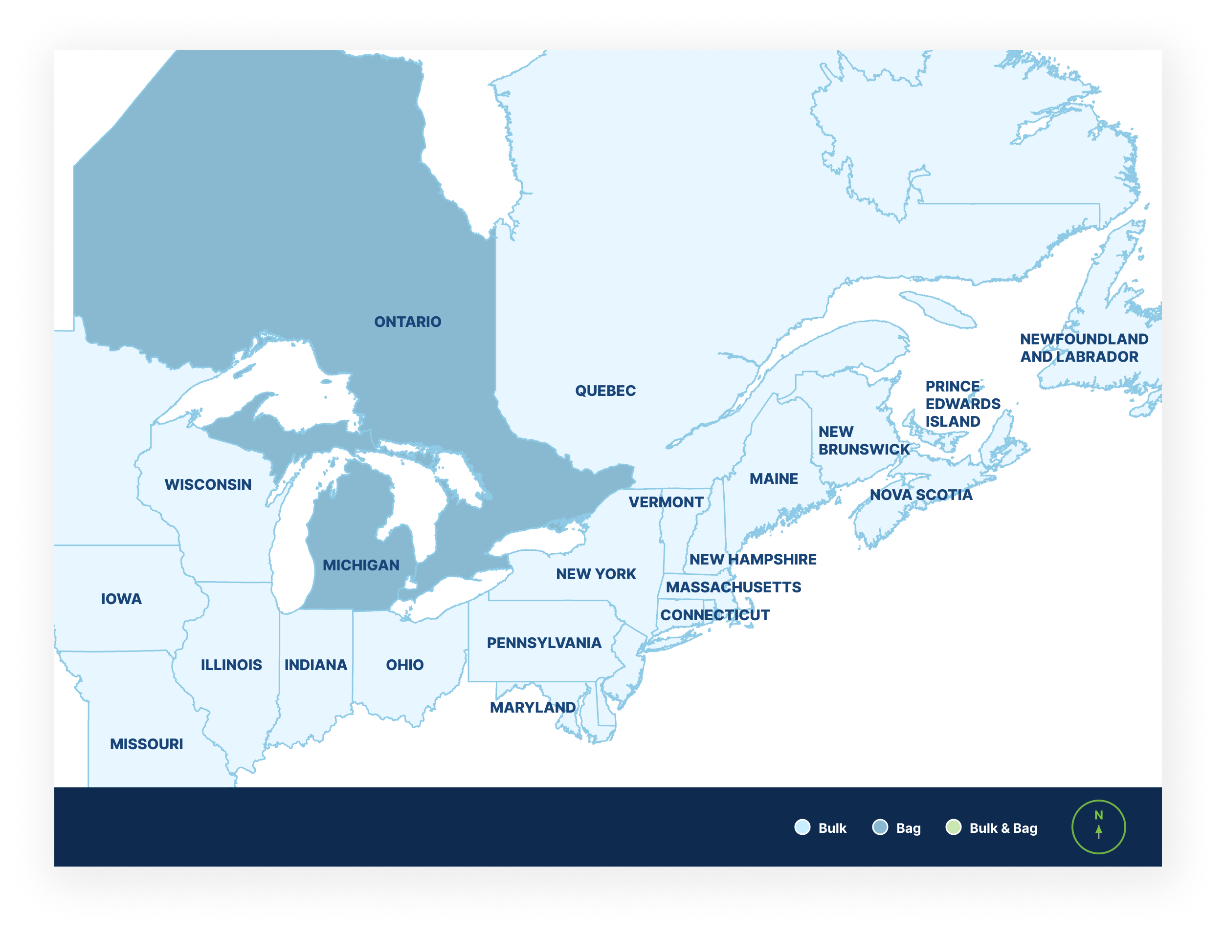Type N Portland Lime Cement - availability map showing bags in Ontario and Michigan