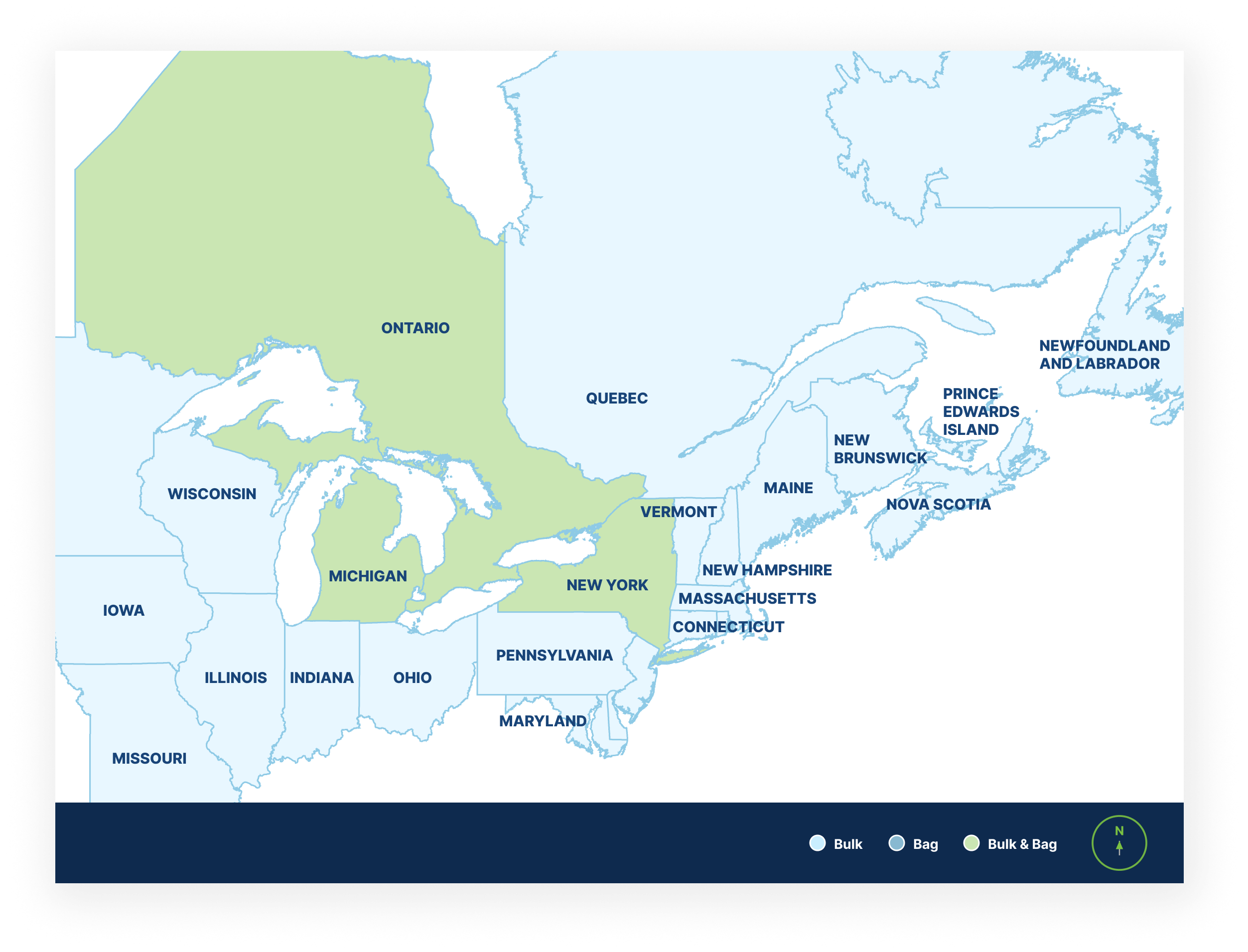 Type S Masonry Cement - availability map showing bulk and bags in Ontario, Michigan and New York