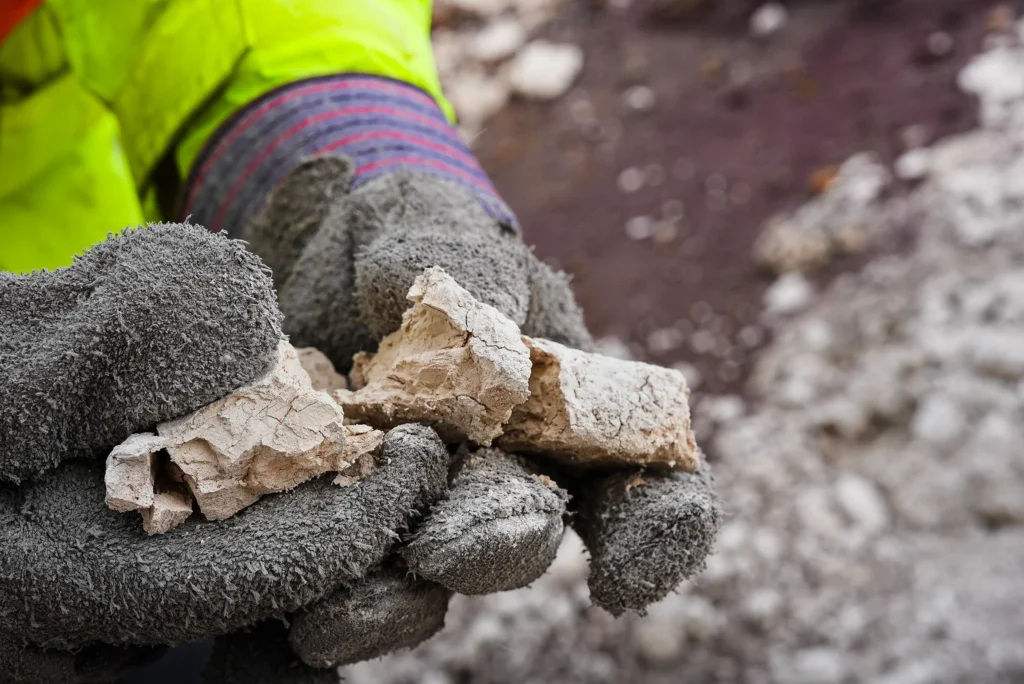 Badger Plant - gloved hands holding pieces of raw material