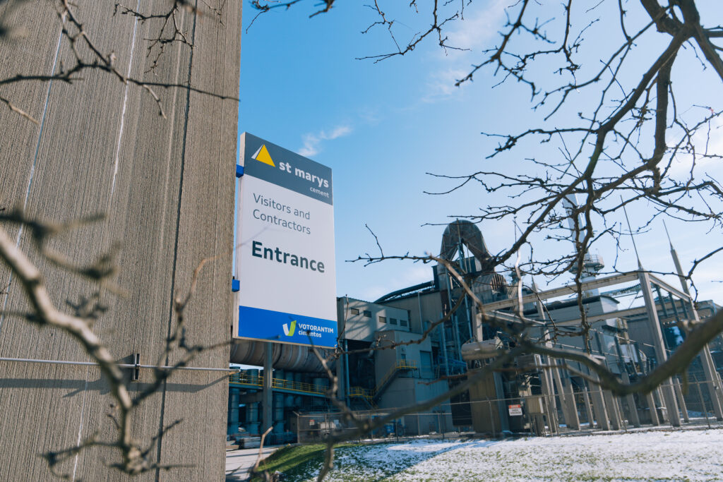 Cementitious Materials Supplier - St Marys Cement visitors and contractors entrance sign at the plant in winter